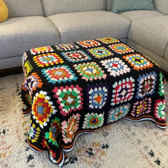 70s Inspired Large Handmade Crochet Throw Blanket Black (Vintage)